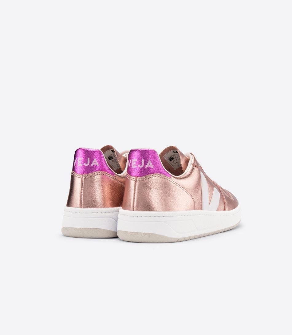 Outlet Veja V-10 Leather Nacre Fushia Adults White | PUSQX71644