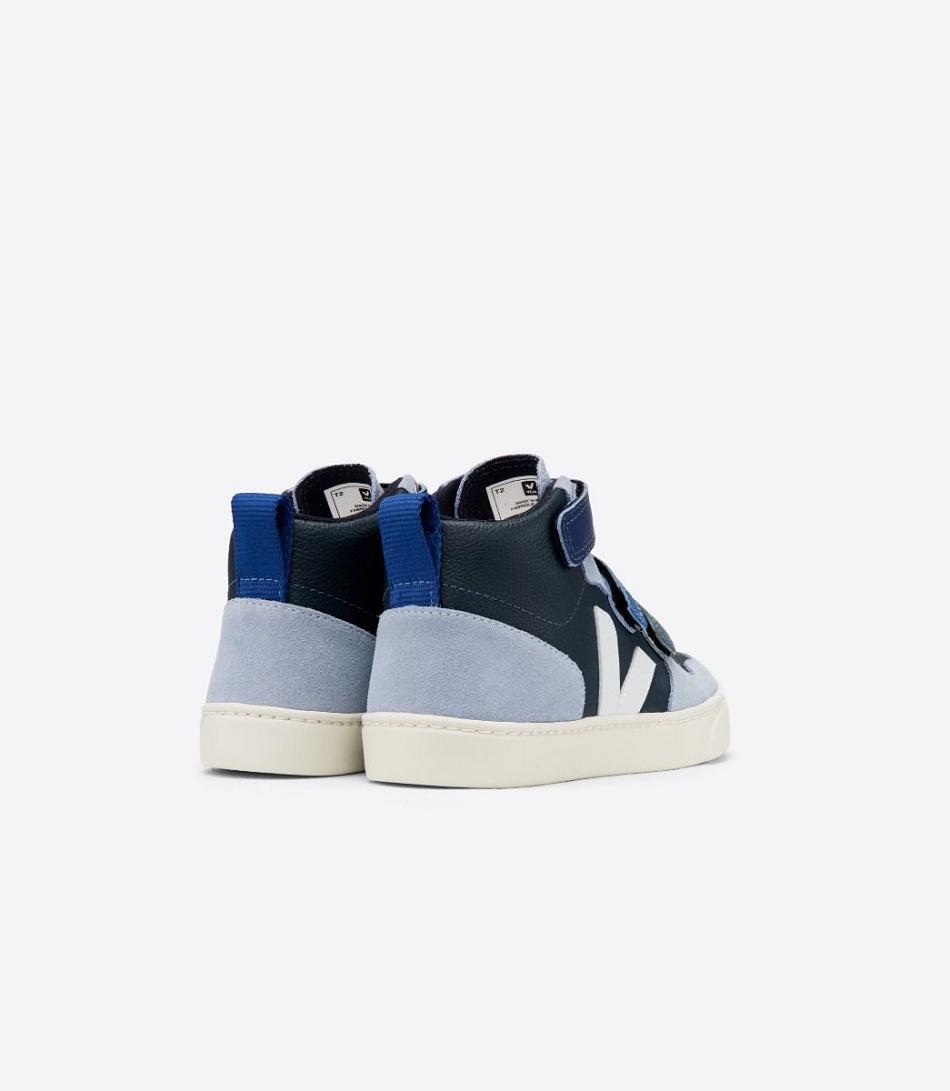 Outlet Veja V-10 Mid Chromefree Leather Multico Nautico Menthol Kids Black Blue | AUSDF54859