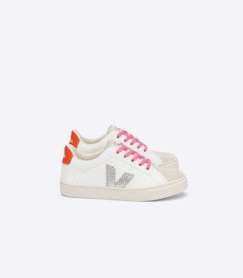 Kids' Veja Laces Chromefree Leather Fluo Esplar White Silver Orange | BUSSO56631