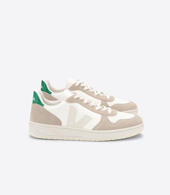 Outlet Veja V-10 Chromefree Leather Sahara Emeraude Adults White | USZPD94660