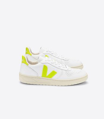 Outlet Veja V-10 Leather Jaune Fluo Adults White | USCVG10279